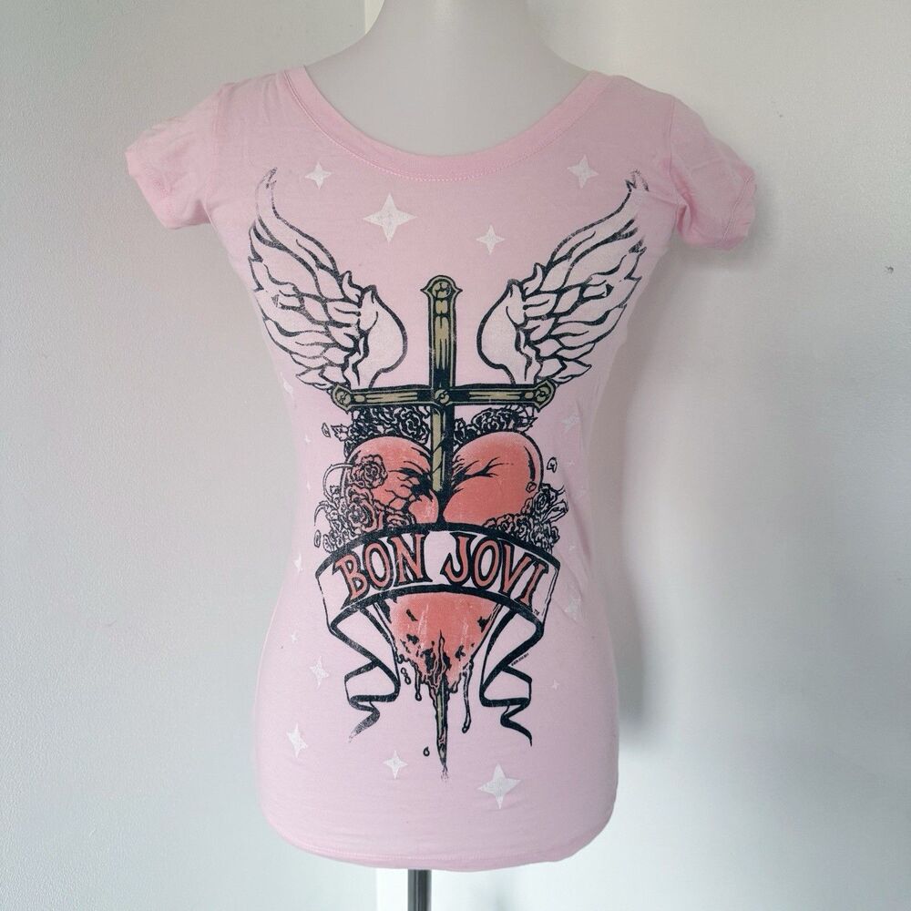 Women's Bon Jovi Baby Tee Shirt Top Pink Heart Dagger Wings Cross Pink Size S - Picture 14 of 16
